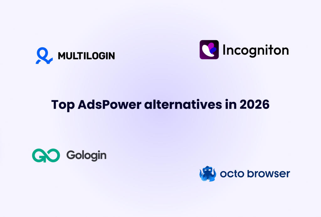 Multilogin, Incogniton, Gologin, and Octo Browser logos and names with the text "Top AdsPower alternatives in 2026