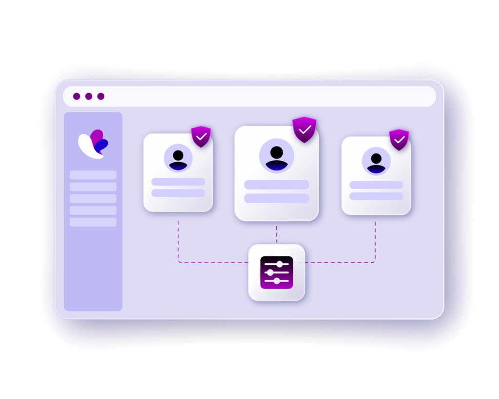 Incogniton interface showing three profile cards with shield icons, connected by dashed lines to a settings icon.