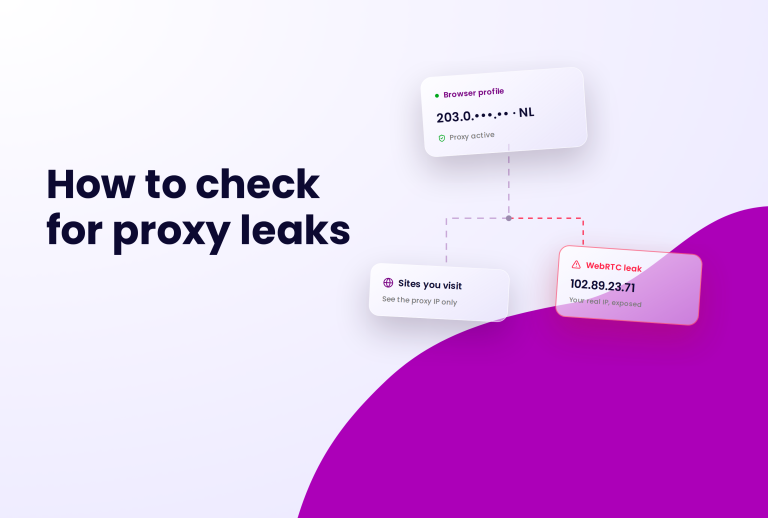 Diagram showing how to check for proxy leaks, with a browser profile and a WebRTC leak alert.