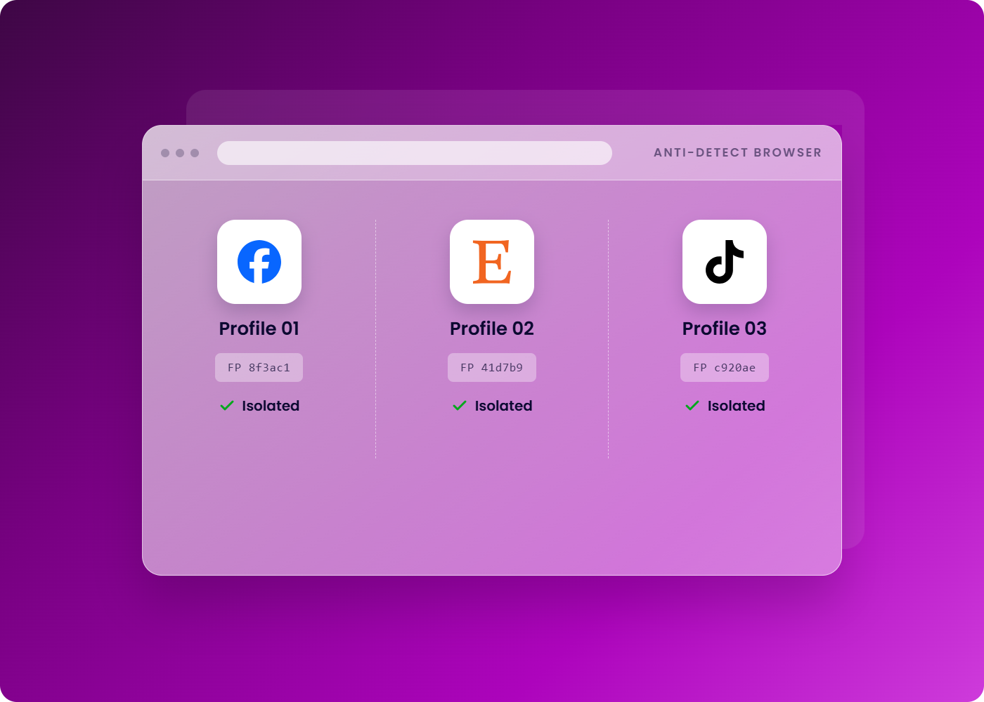 Incogniton anti-detect browser interface showing three profiles: Profile 01 with a Facebook logo, Profile 02 with an E logo, and Profile 03 with a TikTok logo. Each profile is marked as isolated.