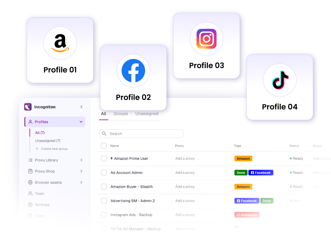 Incogniton browser interface showing four profiles with social media logos: Amazon, Facebook, Instagram, and TikTok. A list of browser profiles with names, proxy status, and tags is visible below.