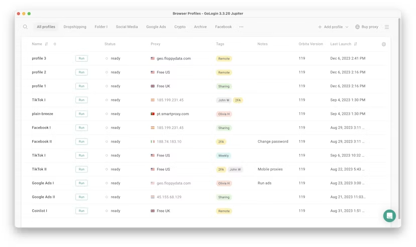 Incogniton browser window showing a list of browser profiles with columns for name, status, proxy, tags, notes, Orbita version, and last launch date.