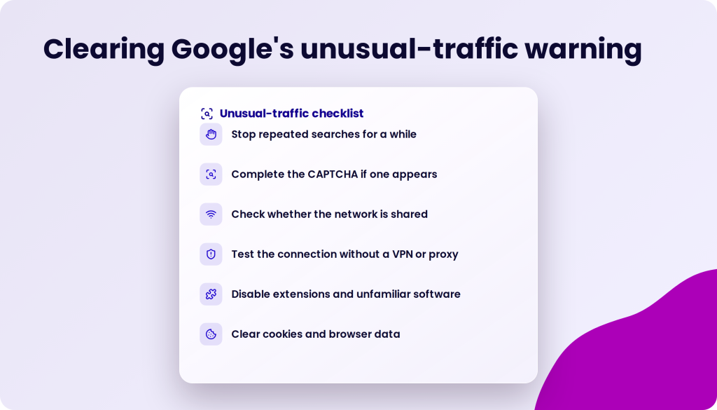 Clearing Google's unusual-traffic warning with a checklist including stopping searches, completing CAPTCHAs, checking networks, testing connections, disabling software, and clearing data.