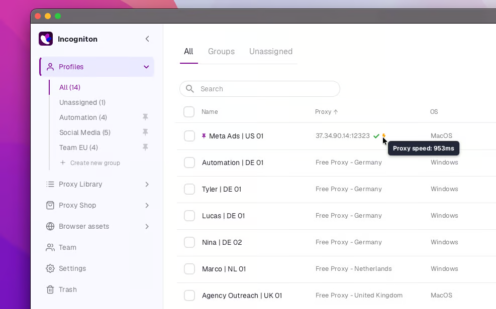 Incogniton application interface showing a list of browser profiles with names, proxy details, and operating systems.
