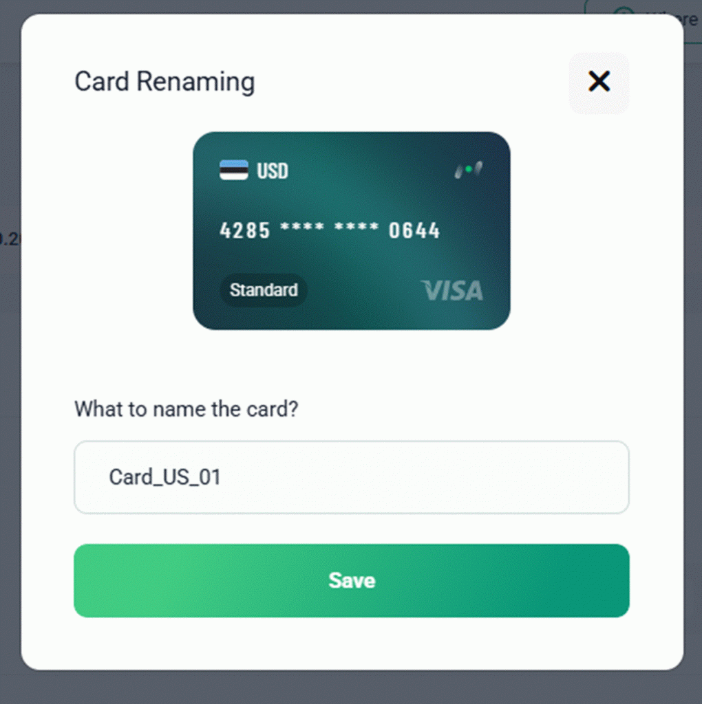 Card renaming window with a credit card graphic and input field for naming the card.