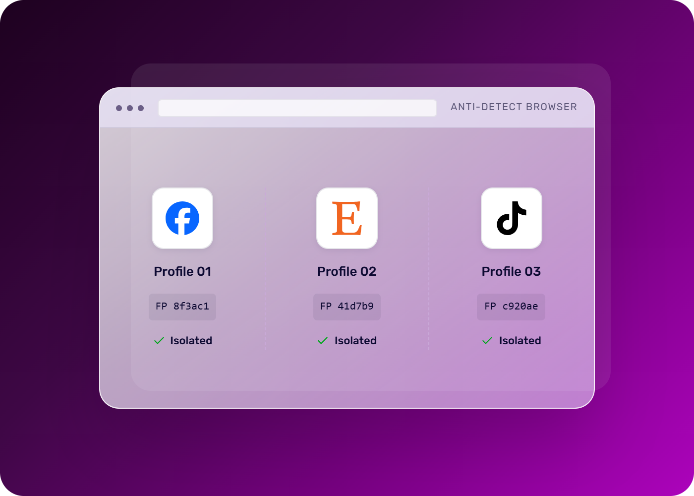 Incogniton anti-detect browser interface showing three isolated profiles for Facebook, another service, and TikTok.