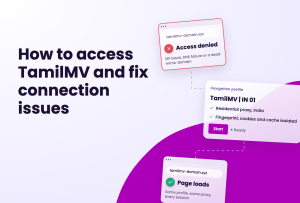 Incogniton interface showing a profile for TamilMV with options for residential proxy and isolated fingerprints, cookies, and cache, alongside a notification of access denied for tamilmv-domain.xyz and a success message for page loads.