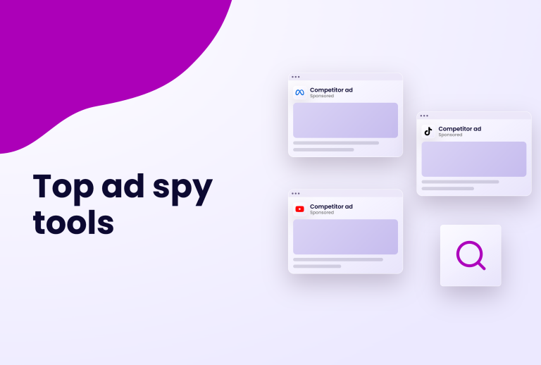 Top ad spy tools with icons for Meta, TikTok, and YouTube ads, and a search icon