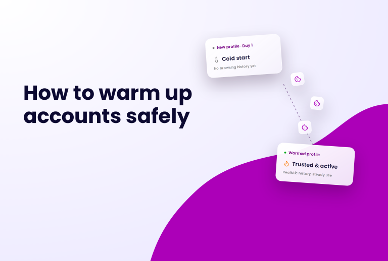 How to warm up accounts safely, with a diagram showing a new profile in a cold start state progressing to a warmed profile that is trusted and active.