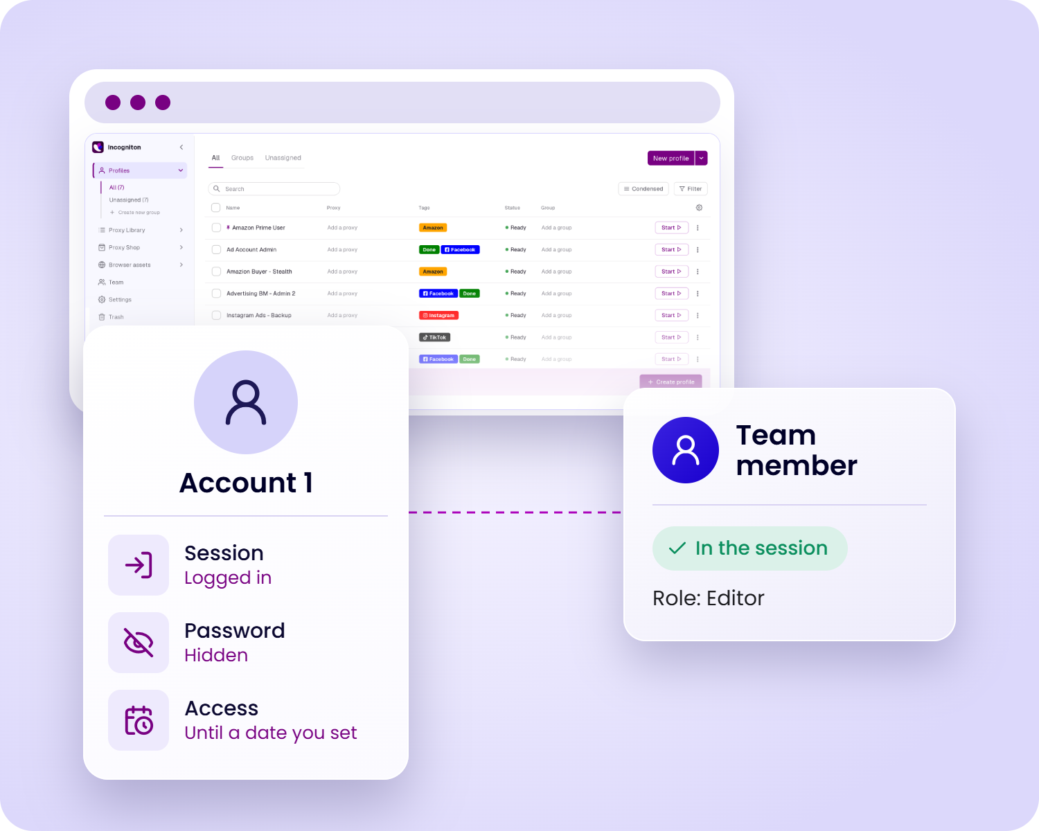 Incogniton application interface showing a list of browser profiles, with one profile selected displaying account details and team member information.