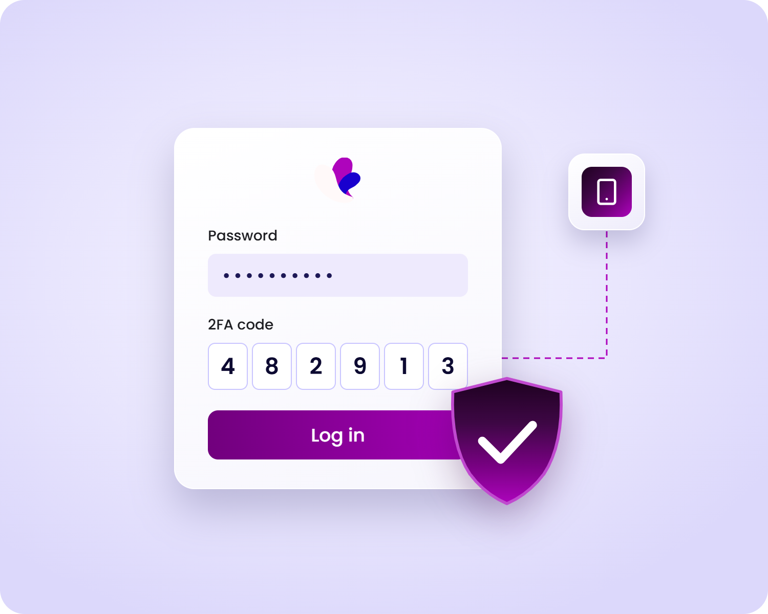 Login screen with fields for password and a 2FA code, a "Log in" button, and a security shield icon.
