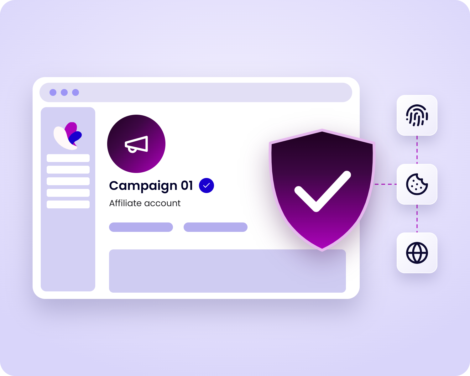 Incogniton interface showing a campaign named "Campaign 01" with an affiliate account status, a shield icon with a checkmark, and icons representing fingerprint, cookie, and globe.