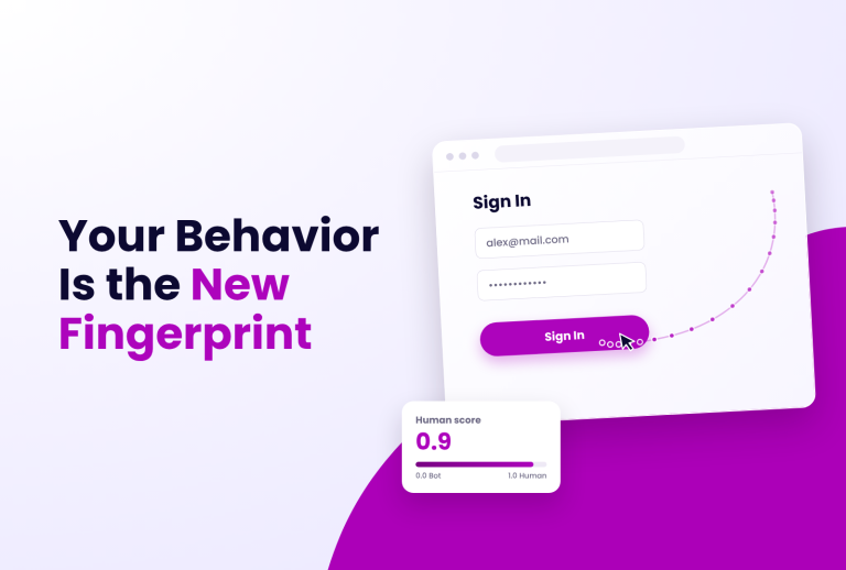 Incogniton sign-in screen with fields for email and password, a "Sign In" button, and a "Human score" indicator showing 0.9. Text reads "Your Behavior Is the New Fingerprint".
