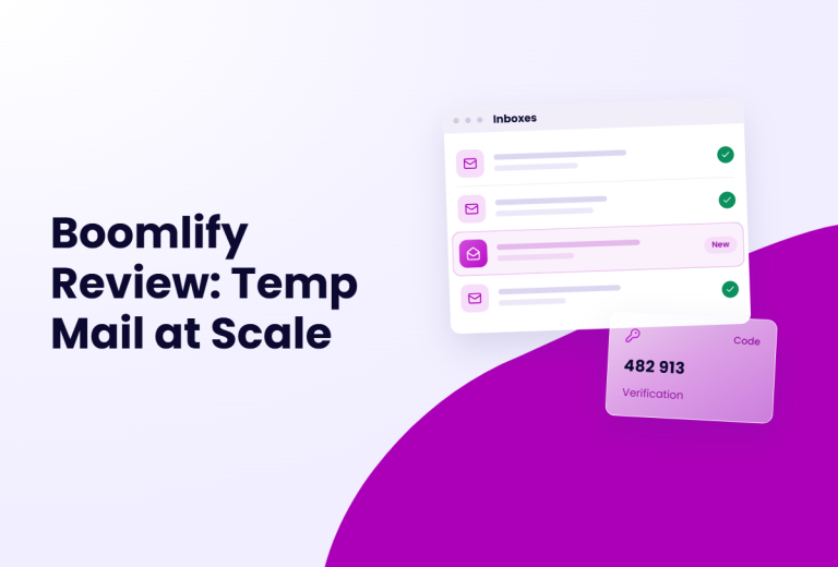 Boomlify Review: Temp Mail at Scale, with a graphic of an inbox list and a verification code.