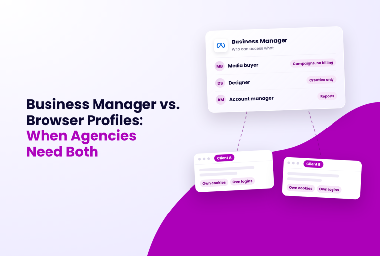 Business Manager vs. Browser Profiles: When Agencies Need Both, with a diagram showing a Business Manager interface listing roles and permissions, connected to two client browser profile windows.