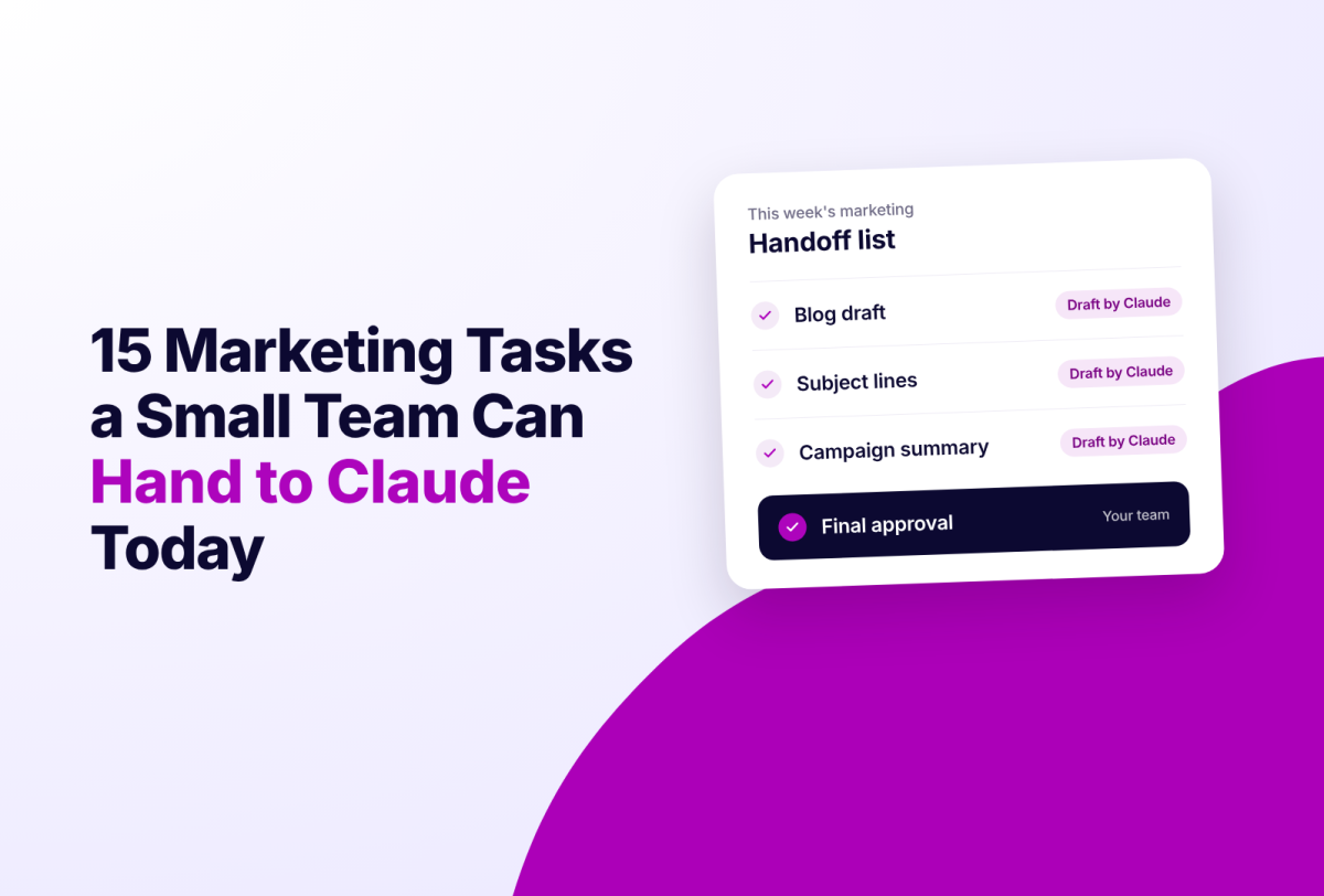 15 Marketing Tasks a Small Team Can Hand to Claude Today, with a handoff list showing blog draft, subject lines, campaign summary, and final approval.