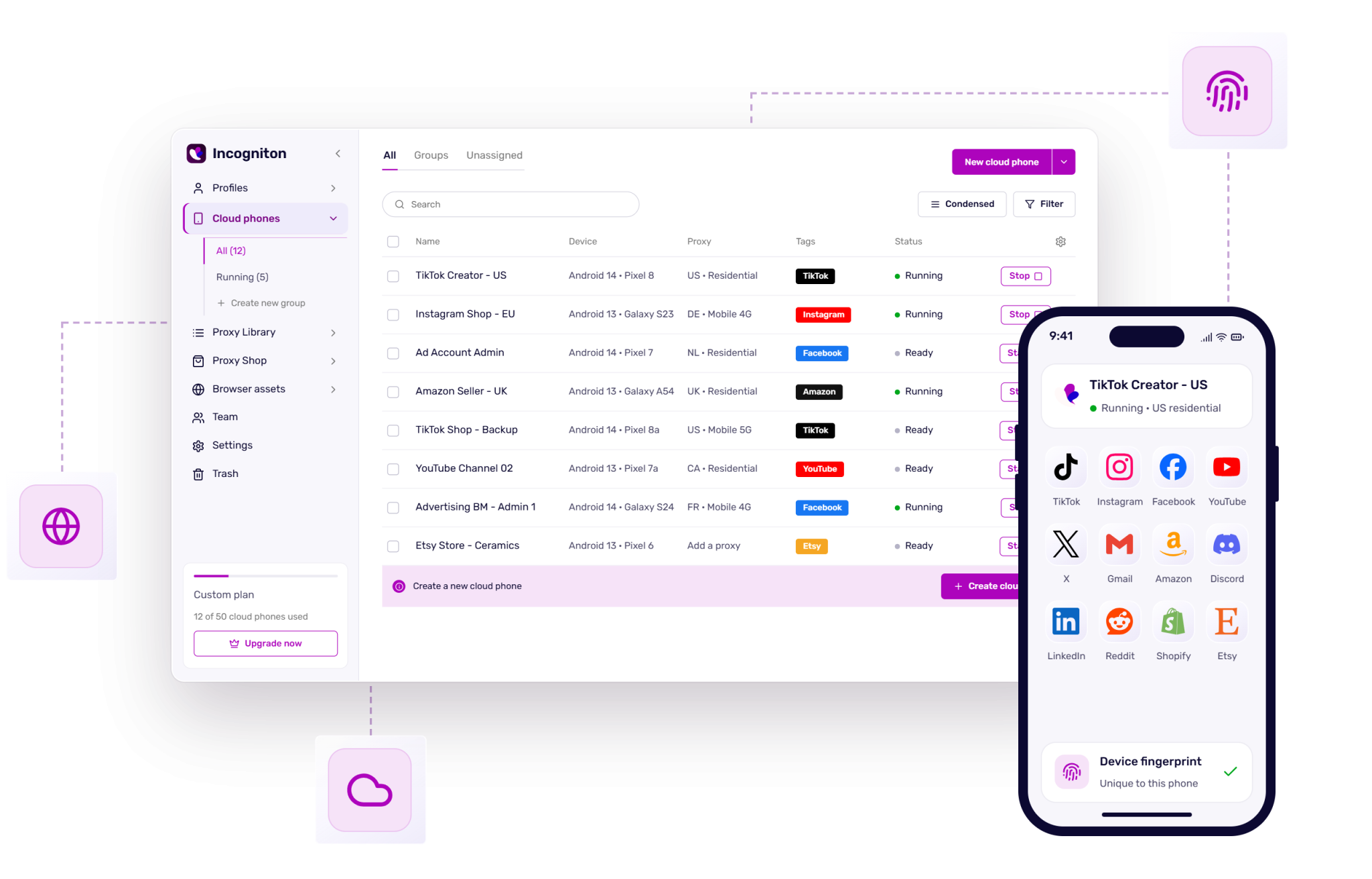 Incogniton application interface showing a list of cloud phones with their names, devices, proxies, tags, and statuses, alongside a mobile phone displaying the "TikTok Creator - US" profile.