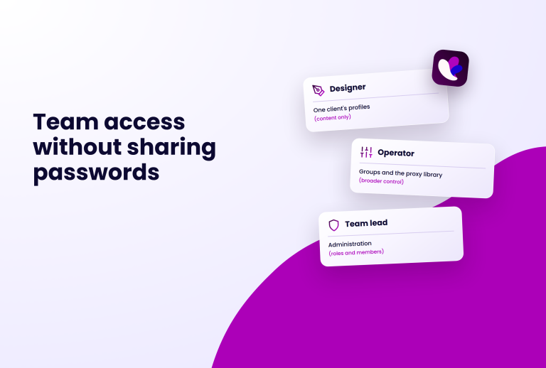 Team access without sharing passwords with cards for Designer, Operator, and Team Lead roles.