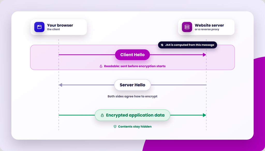 Diagram showing a client browser sending a "Client Hello" message to a website server, which responds with "Server Hello." The diagram illustrates that "JA4 is computed from this message" and that "Readable: sent before encryption starts." After the "Server Hello," "Both sides agree how to encrypt," and "Encrypted application data" is exchanged, with "Contents stay hidden.