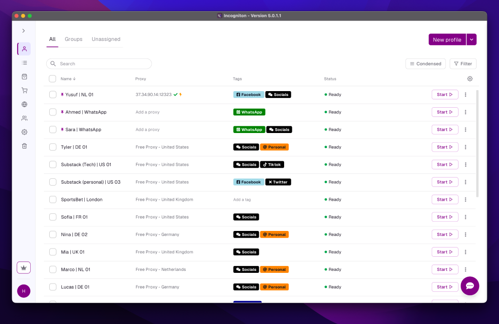 Incogniton application interface showing a list of browser profiles with names, proxy information, tags, and status.