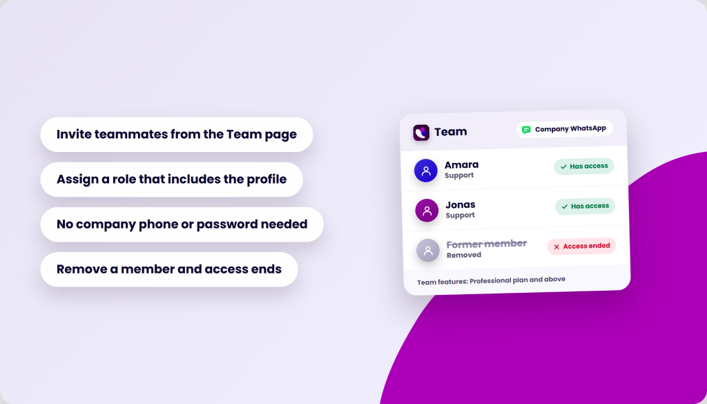 Team management interface showing a list of members with their roles and access status, alongside text describing team features.
