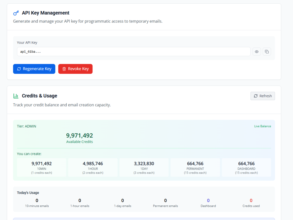 API Key Management section showing an API key input field with the text api_61ba..., a Regenerate Key button, and a Revoke Key button. Below is the Credits & Usage section displaying the tier as ADMIN, 9,971,492 available credits, and options for creating emails of different durations with associated credit costs. Today's Usage shows zero for all email creation categories.