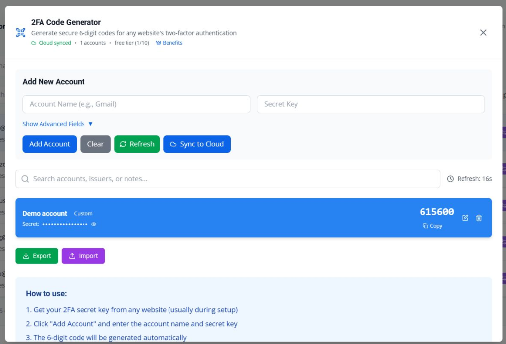 2FA Code Generator interface with fields to add a new account, a search bar, and a generated code for a demo account.