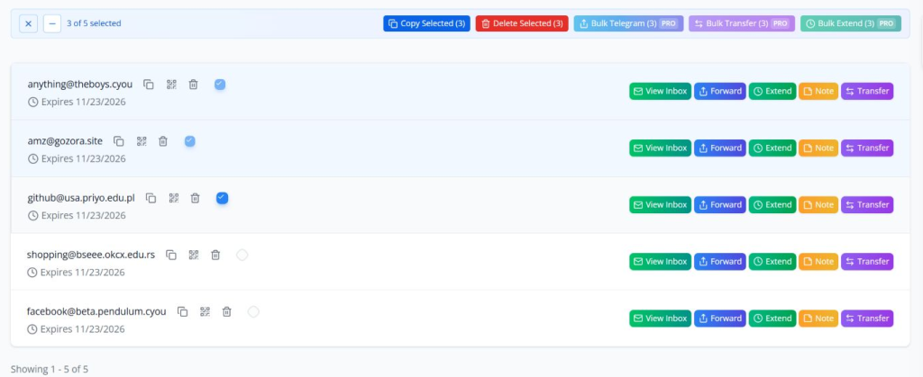 List of email accounts with expiration dates and options to view inbox, forward, extend, add note, or transfer.
