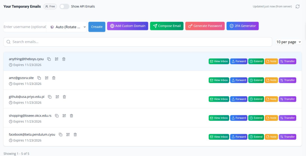 Incogniton interface showing a list of temporary email addresses with options to view inbox, forward, extend, add notes, and transfer.