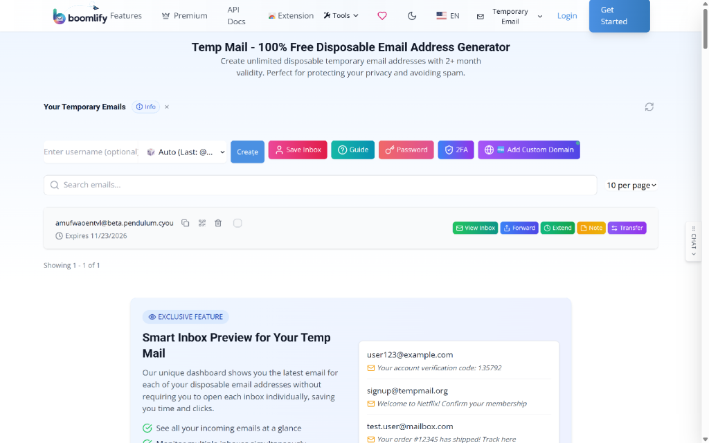 Boomlify Temp Mail interface showing a list of temporary email addresses, with options to create, save, view, forward, extend, add notes, and transfer emails.
