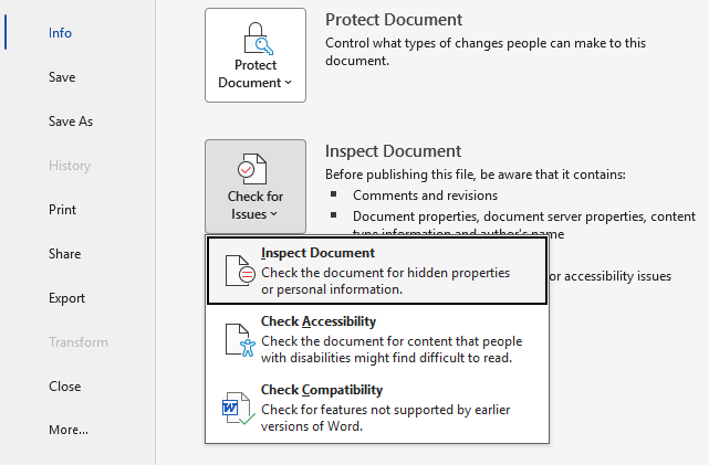 Microsoft Word file inspection menu with options to inspect document, check accessibility, and check compatibility.