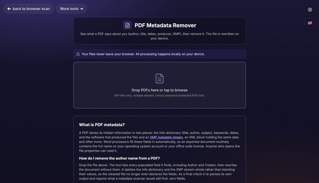 PDF Metadata Remover tool with options to go back to browser scan or access more tools.