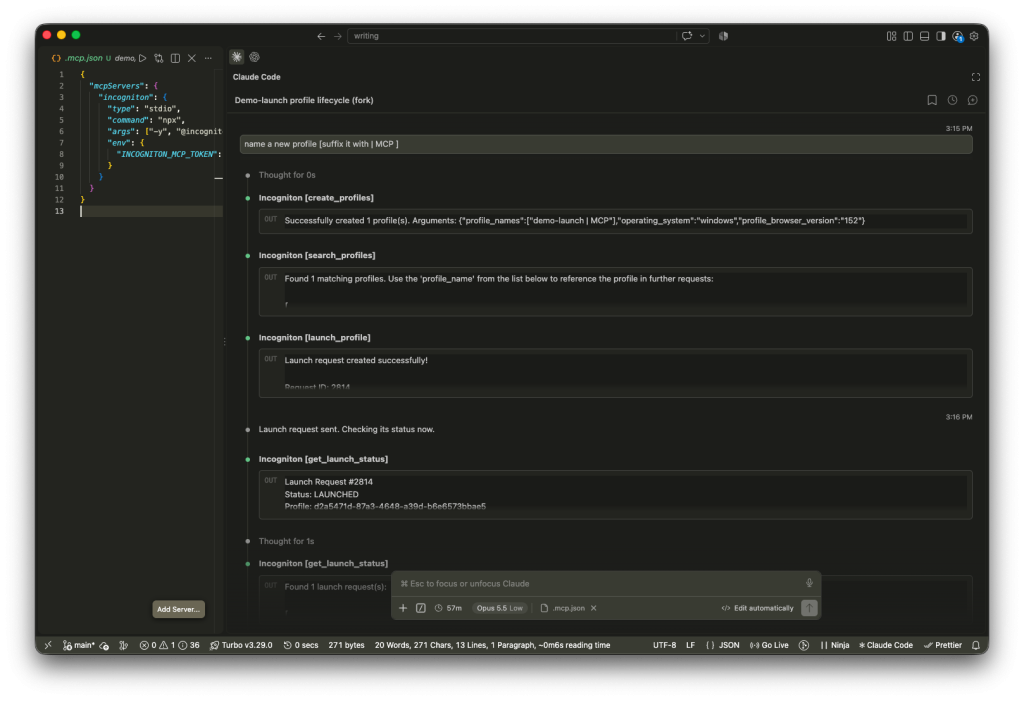 Incogniton application interface showing code and output logs for managing browser profiles.