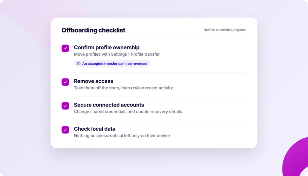 Offboarding checklist with items: Confirm profile ownership, Remove access, Secure connected accounts, and Check local data.