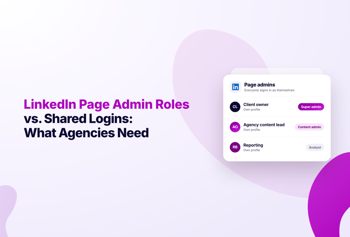 LinkedIn Page Admin Roles vs. Shared Logins: What Agencies Need, with a card showing page admin roles including Client owner, Agency content lead, and Reporting.