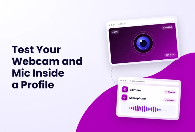 Incogniton browser windows showing a webcam feed and site permissions for camera and microphone.