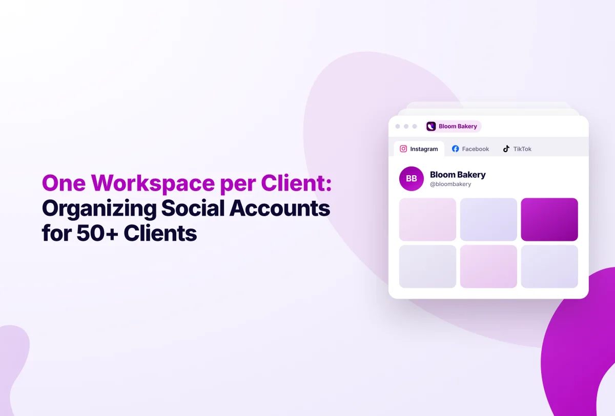 A screen showing social media accounts for Bloom Bakery, with tabs for Instagram, Facebook, and TikTok, and a grid of colorful squares.