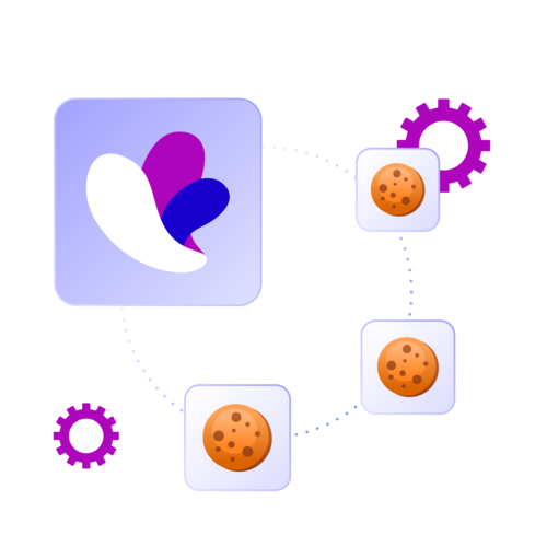 A graphic showing a large square with the Incogniton logo, connected by dotted lines to three cookie icons and two purple gears on a light background.