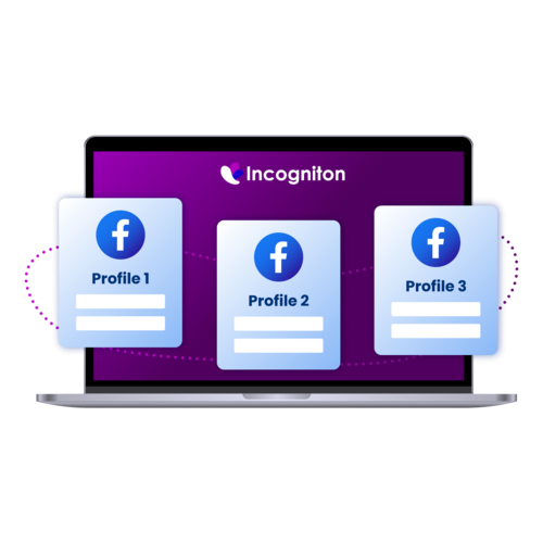 Uno schermo del laptop mostra il logo Incogniton sopra tre schede profilo Facebook etichettate Profilo 1, Profilo 2 e Profilo 3 su sfondo viola.