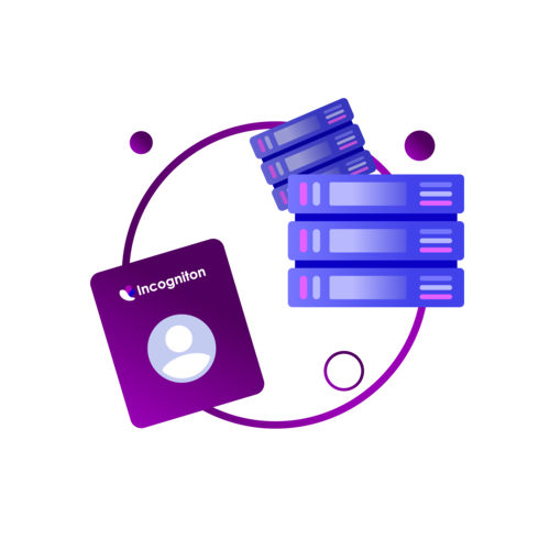 Illustration of a profile card labeled Incogniton with user icon, next to stacked blue server-like cubes and purple dot accents.