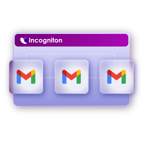 Tre isolati con icone di Gmail collegati tramite una linea, su sfondo viola con il logo Incogniton in alto