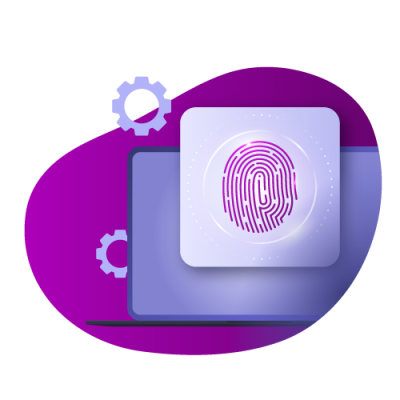 Laptop with fingerprint showing and gear icons next to it, on a purple background