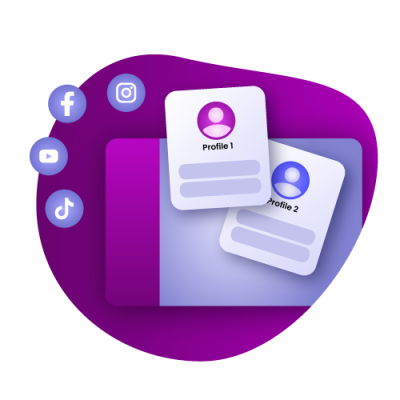 A screen with two browser profiles showing, with social media icons next to it, on a purple background