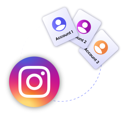 a circle with the instagram logo at the bottom left and three accounts on the top right
