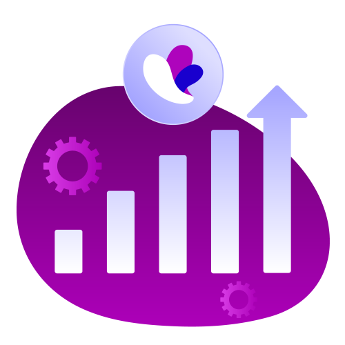 Bar graph with ascending bars and an upward arrow, set against a purple background in the Incogniton app with gear icons and a circular icon featuring abstract shapes at the top.