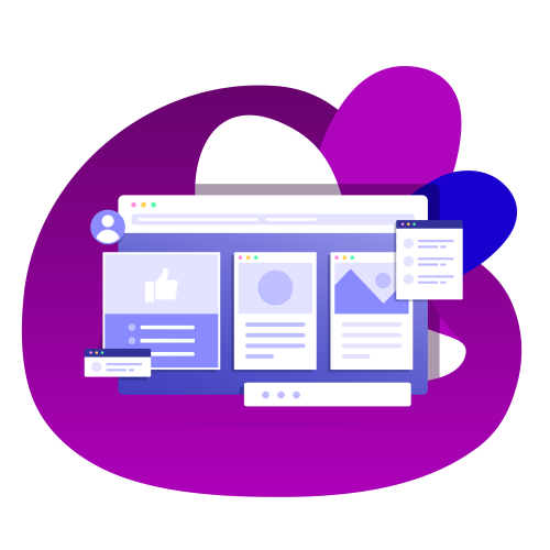 Illustration of Incogniton with various social media elements, including a thumbs-up icon, image preview, and menu windows, on a purple abstract background.