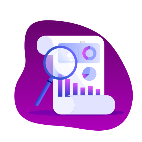 A magnifying glass hovers over an Incogniton document with charts and graphs, including bar and pie charts, on a purple background.