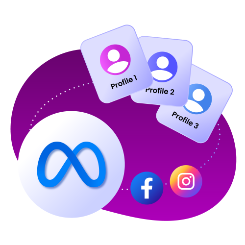 An abstract graphic showing the Meta logo, Facebook and Instagram icons, and three Incogniton profile cards on a purple gradient background.